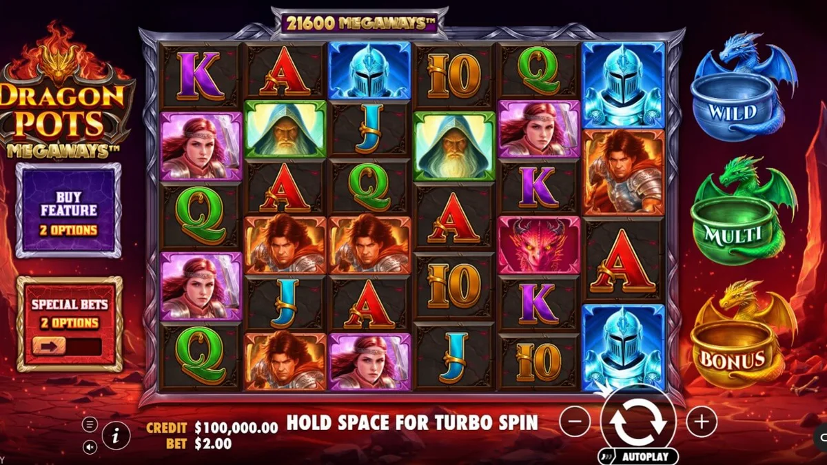 Tampilan layar permainan slot Dragon Pots Megaways dengan naga dan kuali ajaib
