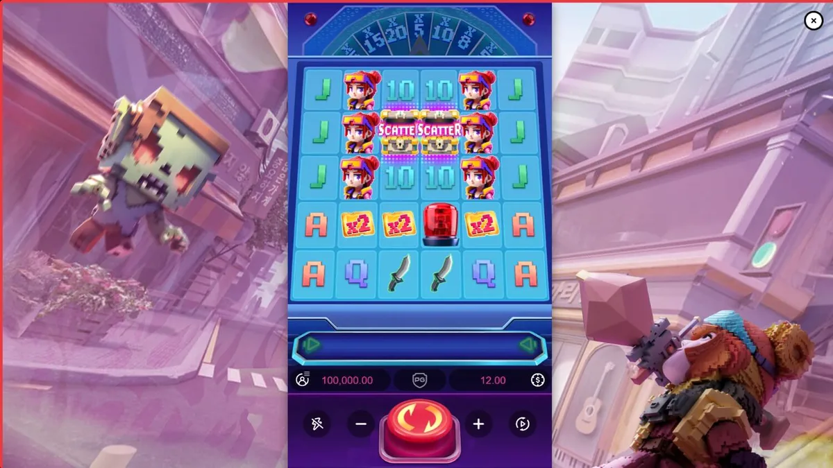 Tampilan visual slot Zombie Blasters dengan tema retro arcade dan zombie